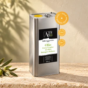 Olio extravergine di oliva biologico Olio80 in latta da 5 litri, su pietra chiara con un ramo d’ulivo